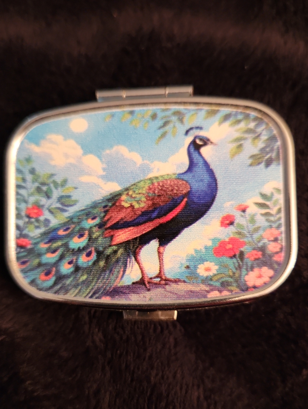 NEW - PILL CASE...PILL CONTAINER...WITH A MIRROR - PEACOCK